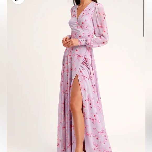 Lulu’s My Whole Heart Lavender Floral Print Long Sleeve Wrap Dress Size Small - Picture 2 of 11